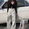 Carie de Espíritu Libre Paseo Algodón Mezclilla Retro Americano Cintura Alta Aspecto Adelgazante Estampado de Leopardo Pantalones de Pierna Ancha 202