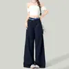 Pantalones casuales de cuadros azul marino con doble cintura y retazos para mujer, versátiles de verano, delgados, estilo americano, holgados, fluidos, de pierna ancha, casuales