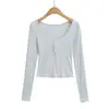 619-25 Otoño Nuevo Estilo Europeo y Americano Estilo Blogger Ins Cuello Redondo Grande Axila Botón Rayas Manga Larga Prenda Base Camiseta