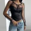 60667 Chegada nova transfronteiriça europeia e americana TEMU top sexy transparente justo com retalhos de malha franzido e amarração roupa feminina