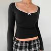 YJ24302 Top de manga larga con lazo de encaje y cuello cuadrado para mujer, estilo informal, combinable con todo, de color liso