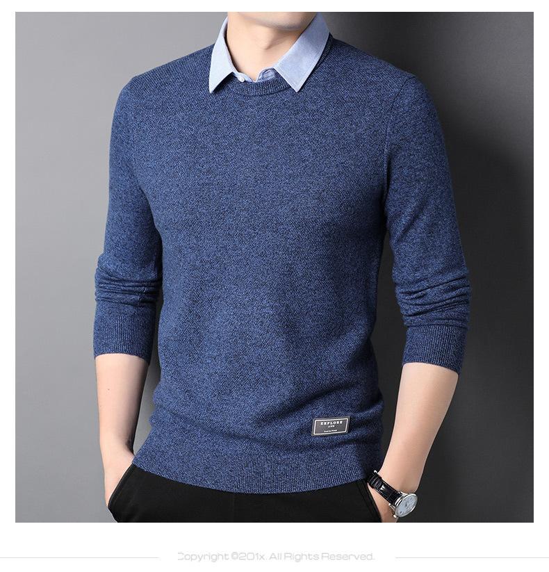 恒源祥衬衫领假两件毛衣男春秋含羊毛打底衫商务休闲纯色针织衫男