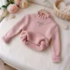 Suéter Base de Uma Peça para Meninas Outono/Inverno em Veludo com Pérolas, Strass, Laço, Estiloso, Franzido, Gola Meia-Alta Tricô