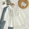 Ropa de Verano 2025 Estilo Japonés Camisa de Gasa de Algodón de Manga Tres Cuartos para Mujer Holgada Flor Bordada Algodón Puro Camisa de Manga Corta