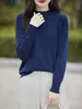 Blusa de tricô feminina gola alta parcial em algodão puro, macia, hipoalergênica, respirável, simples, modeladora, versátil para primavera e outono, blusa interna de puxar