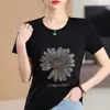 Algodão Mercerizado plus size pescoço redondo strass strass cor sólida emagrecimento primavera e verão novo algodão pullover manga curta camiseta