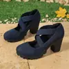 Tacones Altos Antideslizantes de Tira Cruzada Tallas Grandes Zapatos Casuales Individuales Europeos y Americanos Tira Cruzada Retro Suela Gruesa Tacón Grueso Zapatos de Mujer