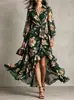 Suministro especial para Amazon AliExpress Europeo y Americano Vestido de Gasa Floral Verde Oscuro con Cuello en V Cruzado de Manga Larga Irregular