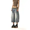 Jeans Feminino Verão Novo Versátil Casual Wide-Leg Cropped Rua Desgastado Lavado Retrô Desconstruído Cimitarra