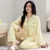 Conjunto de Pijama 100% Algodón para Mujer, Otoño/Invierno, Estilo Cárdigan, Manga Larga, Pantalón Largo, Cuadros de Dibujos Animados, Se Puede Usar Afuera, Ropa Casual para el Hogar