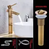Grifo de Estilo Antiguo Europeo de Cobre Completo Grifo Retro con Junta de Bambú para Lavabo Individual Frío Lavabo Artístico Lavabo de Encimera Grifo de Agua Fría y Caliente