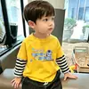 Camiseta de Manga Larga Rayada Patchwork de Dibujos Animados para Niños, Algodón Puro para Primavera y Otoño, Estilo Coreano, Holgada, Moderna, Camiseta Básica Informal para Niños