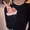 Playera de Manga Larga de Terciopelo Alemán Cepillado Engrosado para Otoño e Invierno con Encaje de Cuello Medio Alto para Estudiante, Simple para Capa Interior para Mujer