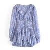 Vestido de primavera novo estilo europeu e americano com decote em V floral e cintura selada, com sensação de grande pêndulo S21052