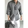 Camisa de manga larga con cuello para hombre, corte holgado, transfronteriza, imitación algodón-lino, color liso, estilo americano casual, camisa relajada de manga larga para hombre