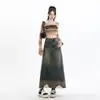 Saia jeans feminina estilo retrô americano desgastada, nova para o outono de 2024, cintura alta, drapeada, slim, linha A, saia longa