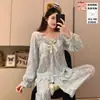 Yue Mian (Primavera 19) Nuevos Pijamas Estilo Princesa de Primavera con Almohadillas en el Pecho para Mujer, Manga Larga y Pantalón Largo, Conjunto de Ropa de Casa de Algodón Nube