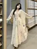 Vestido francés de talla grande para mujer con figura de pera, conjunto de dos piezas de vestido tirantes estampado vintage de otoño con cárdigan hueco de manga larga