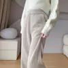 Pantalones anchos forrados de forro polar para mujer de otoño e invierno, pantalones de lana de cintura alta, pantalones rectos de pierna estrecha con patrón de espiga en el dobladillo dividido engrosado para invierno