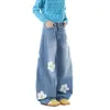 Toalha Divertida Estilo Americano Bordado Flores Cimitarra Jeans Homens Mulheres Outono Tendência Design de Marca Calça de Barra Reta Calça Casual Solta