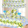Nova Decoração de Bandeirola de Feliz Aniversário para Mesa com Tema de Porcelana Limão Azul e Branco Festa de Frutas de Verão