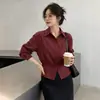 Camisa Bordada da Moda com Manga Três Quartos para Mulheres, Novo Estilo Outono, Chique, Slim Fit, Versátil, Top Curto para Mulheres Baixas