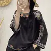 Camiseta Elegante de Algodón y Lino con Bordado Pesado, Cuello Redondo, Retro, Holgada, Talla Grande, Suéter