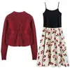 Traje de Vestido de Maternidad Otoño e Invierno Año Nuevo Cárdigan Rojo Estampado Tejido Moda Ropa de Invierno Ropa de Año Nuevo Conjunto de Dos Piezas