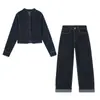 Estilo Europeo Ajuste Delgado Botón de Nudo de Cuerda Chaqueta de Mezclilla Abrigo Jeans de Pierna Recta Sueltos con Puño a Media Cintura Conjunto Casual para Mujer