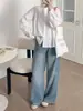 Camisa bordada com gola de renda estilo francês para mulheres, blusa branca com manga floral, novo top de outono, camisa com gola alta e manga de renda