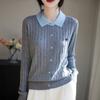 2025 Primavera Nueva Llegada Lana Peinada Cárdigan de Punto con Cuello POLO Color Dividido Abeja Bordada Top Holgado para Mujer