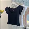 [75% Algodón, 25% Polifibra] Camiseta Azul de Manga Corta con Cuello Redondo Bajo para Mujer, Corte Ajustado, Efecto Adelgazante, Verano 2026