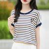 Camiseta Chic de Tencel a Rayas de Manga Corta Estilo Coreano para Mujer Verano Nueva Cuello Redondo Suelta Color en Contraste Combinable Casual para Mujer