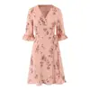 Atacado Fabricante de Roupas Femininas Transfronteiriças Primavera 2026 Estilo Europeu e Americano Decote V Manga Longa Cintura Ajustada Fenda Vestido Estampado