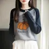 Suéter de Punto con Bloques de Color Color Calabaza Cuello Redondo para Mujer en Otoño e Invierno Suéter Geométrico Retro con Bloques de Color Estilo Holgado Perezoso Top
