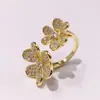 Anel Trevo Cravejado com Pedras de Diamante Flor Dupla Vanjia para Mulheres Flor de Seis Pétalas Tendência Nicho Joia de Mão Atacado Dropshipping