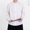 Camisa de Algodão e Linho Bordada de Manga Longa Estilo Chinês Nova Outono 2026, Top Casual Zen Retrô Solto Masculino Estilo Chinês