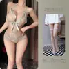 Lencería Sensual Nocturna Sexy Caliente Encaje Abertura en la Entrepierna Vestido de una Pieza Puro Deseo Encaje Francés No-Quitar 9652