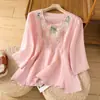 Camisa bordada de algodón y lino estilo vintage con cuello redondo para mujer, nuevo modelo verano 2025, holgada y elegante con mangas de tres cuartos