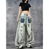 Jeans Tie-dye de Comércio Exterior para Homens e Mulheres Marca Tendência High Street Americana Calças Retrô Lavadas Rasgadas Desgastadas Largas Retas de Perna Larga