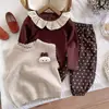 Conjunto de Otoño para Niña 2025 Nueva Moda Estilo Coreano Chaleco de Punto Infantil Pantalones de Lunares para Bebé Conjunto de Tres Piezas
