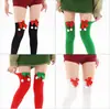 Meias de Natal com laço e pompom transfronteiriças, meias lisas para festa, decoração de feriado, meias verdes europeias e americanas acima do joelho