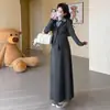Roupas de Gravidez 2026 Primavera Novo Estilo Camisa com Patchwork e Xale Falso de Duas Peças, Vestido de Maternidade de Comprimento Médio Emagrecedor