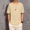 Camiseta de manga corta de algodón y lino de estilo chino para hombre, verano 2023, fina, holgada, sencilla, con cuello en V, sencilla, retro, informal