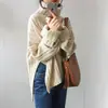 Suéter Pulóver de Punto Acanalado de Cuello Alto Holgado Versátil Estilo Coreano Nuevo para Mujer con Abertura Grande en Color Albaricoque