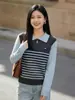 Suéter de Punto de Seda y Lana Nuevo para Primavera y Otoño, Cuello Polo, Manga Larga, Mujer, Bloque de Color, Rayas, Corte Holgado, Falso Dos Piezas