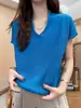 Camiseta de Punto de Manga Corta Estilo Coreano con Cuello en V Color Azul Klein para Mujer, Estilo Delgado de Verano, Adelgazante, Holgada, Top que Reduce la Edad