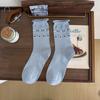 Primavera e verão novas meias de cano alto Fair Isle para crianças laço branco amor cacho meias de algodão estilo coreano com meias para sapatos Birkenstock