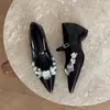 Sapatos Femininos Mary Jane com Lantejoulas Florais Prateadas, Bico Fino, Alça Única e Salto Oculto Baixo Estilo Francês