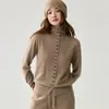 Nova coleção outono e inverno: Cardigã de malha de cashmere de gola alta, macio e confortável para mulheres, top de lã liso com decote solto